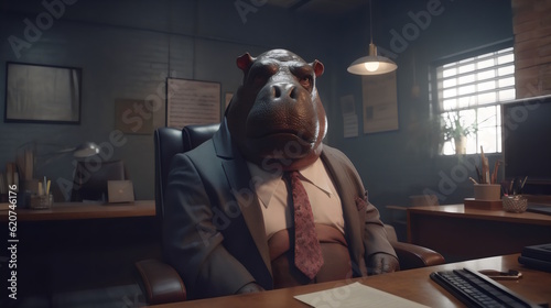 hippopotamus wearing formal business suit like a boss in the office: corporate Excellence Personified! Business concept, CEO, accountant, lawyer, writer, teacher, guru, executive. generative ai