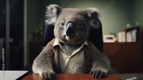 koala wearing formal business suit like a boss in the office: corporate Excellence Personified! Business concept, CEO, accountant, lawyer, writer, teacher, guru, executive. generative ai