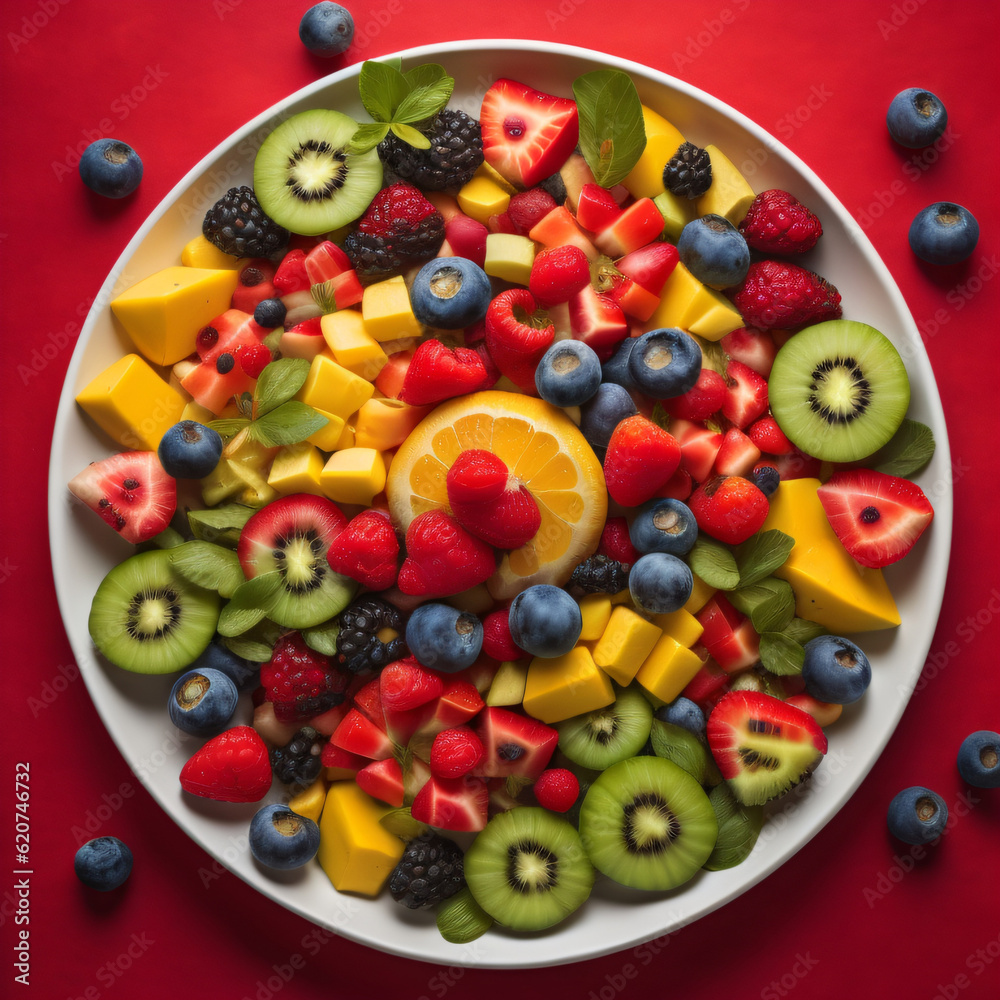 Colorful fruit salad, featuring a vibrant assortment of fresh fruits