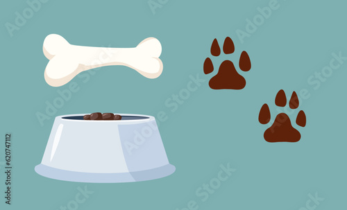Dog Food and Paw Print Vector Cartoon Illustration Set