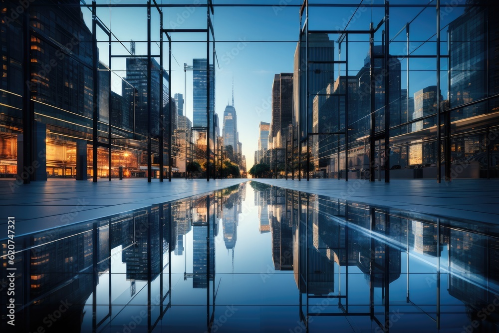 A towering skyscraper against a clear blue sky, reflecting the sun. Generative AI A towering skyscraper against a clear blue sky, reflecting the sun. Generative AI