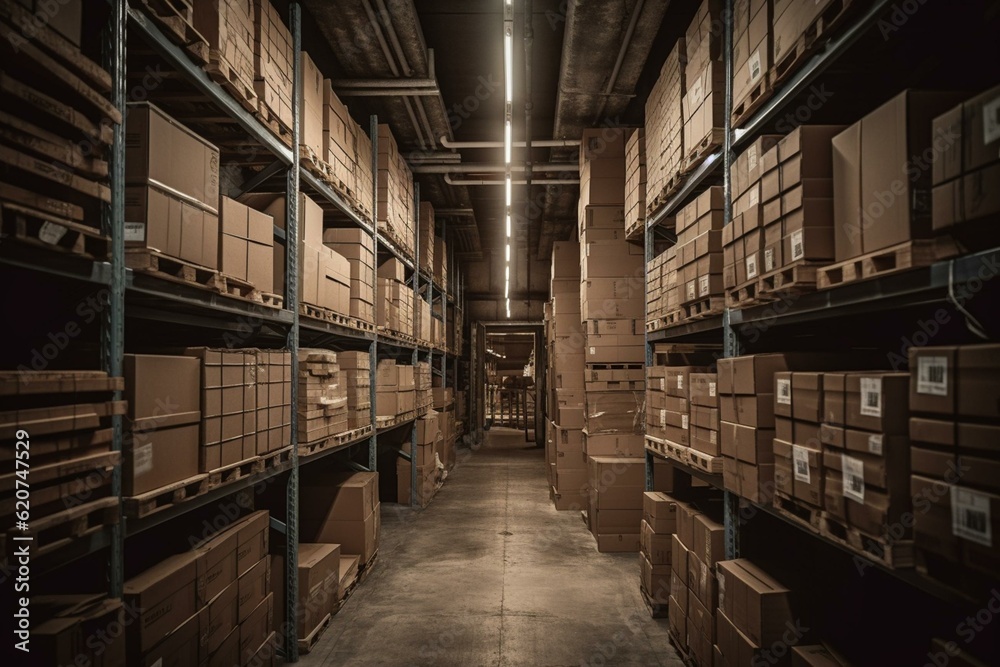 Industrial storage facility with cardboard boxes on shelves. Generative AI