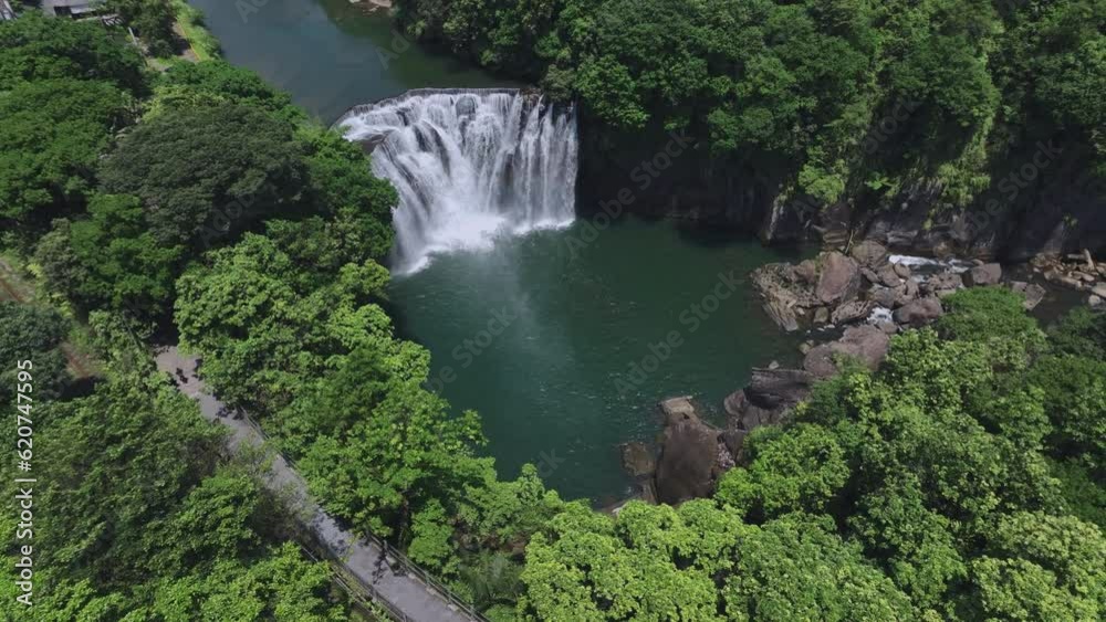 Flying Over The Shifen Waterfall In Taiwan, Aerial View Flying Over The Shifen Waterfall In Taiwan, Aerial View
