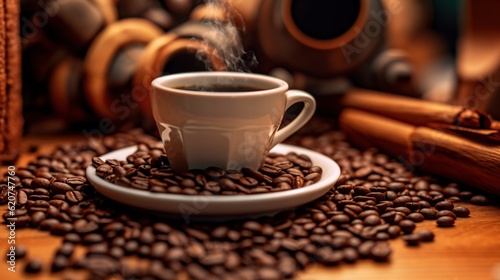 coffee cup surrounded by coffee beans
