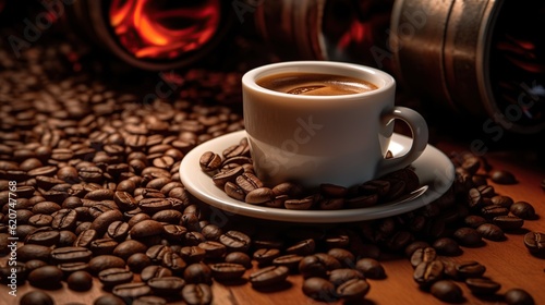 coffee cup surrounded by coffee beans 