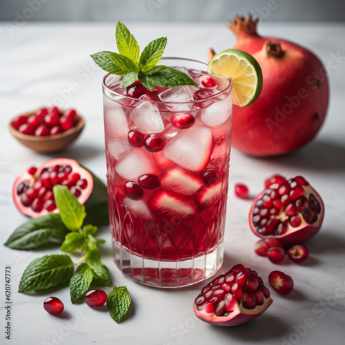 a refreshing pomegranate mojito, garnished with pomegranate arils and fresh mint leaves photo