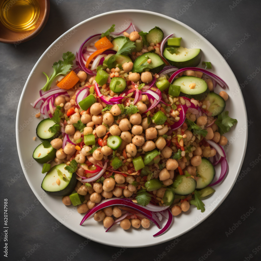 Protein-packed chickpea salad, showcasing a combination of chickpeas, crisp vegetables like bell peppers, cucumbers, and red onions