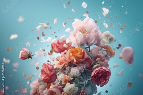 Fresh flowers explode in the sky, a creative love concept for Valentine's Day. Pastel blue background illustration. Generative AI
