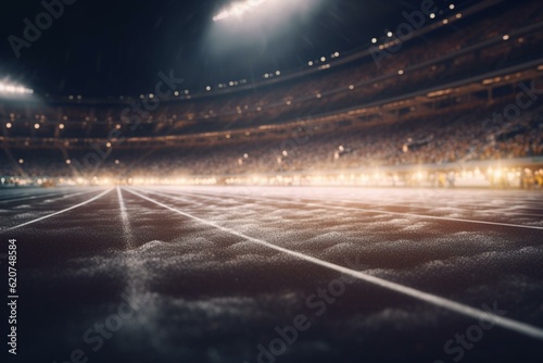 Blurred finish line, stadium, spotlights. Generative AI
