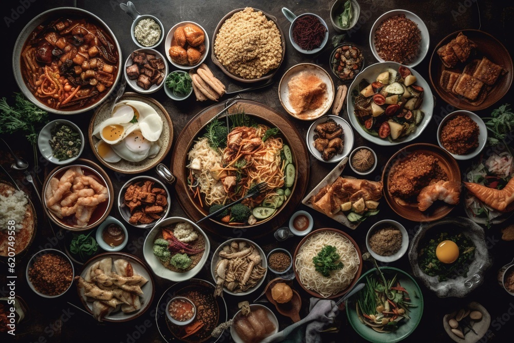 Korean cuisine variety. Asian dishes from above, spread out, panoramic. Generative AI