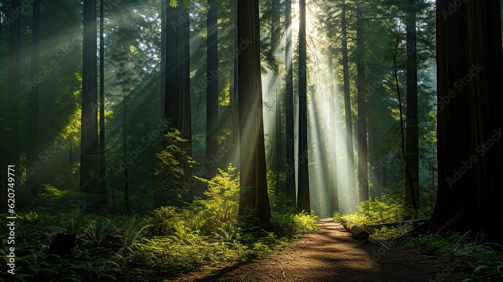 Sunrays Piercing Through a Canopy of Tall Redwoods. Generative Ai