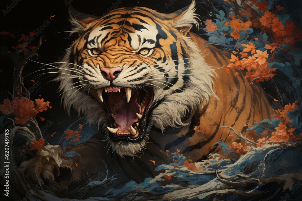 angry tiger face for wallpaper for desktop background. Generative Ai