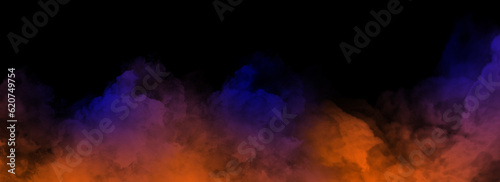 Isolated black background. Colorful smoke on floor. Misty fog effect texture overlays for text or space