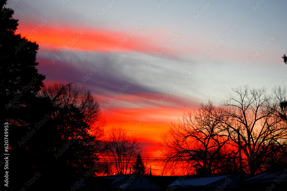 Fototapeta premium Fiery Sunset Clouds in Winter, Ohio