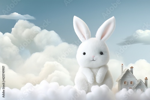 cute white rabbit sitting on the cloud. for easter or winter. Generative Ai © danin