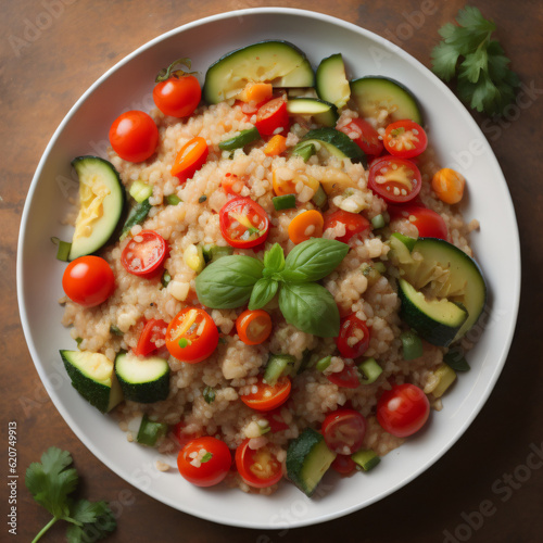 A nourishing quinoa salad, featuring a vibrant mix of cooked quinoa, fresh vegetables such as cherry tomatoes, cucumber, bell peppers