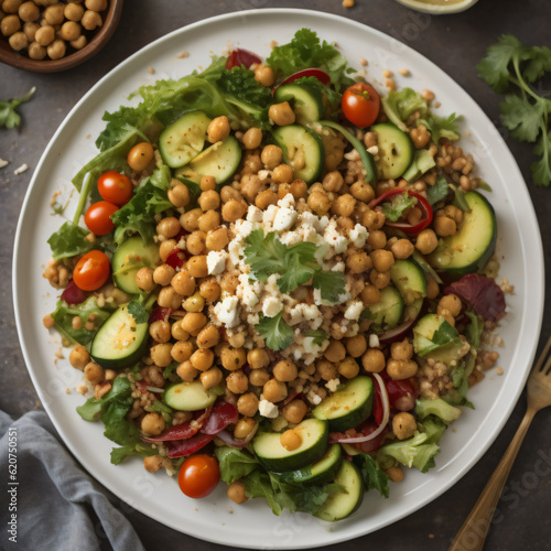 Roasted chickpea salad, featuring a bed of fresh salad greens topped with roasted chickpeas, cherry tomatoes, cucumbers, feta cheese, and a tangy vinaigrette dressing