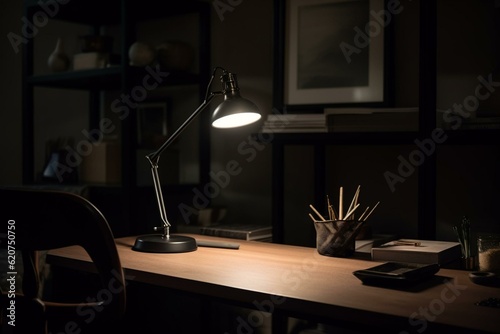 A well-lit workspace with a lamp. Generative AI
