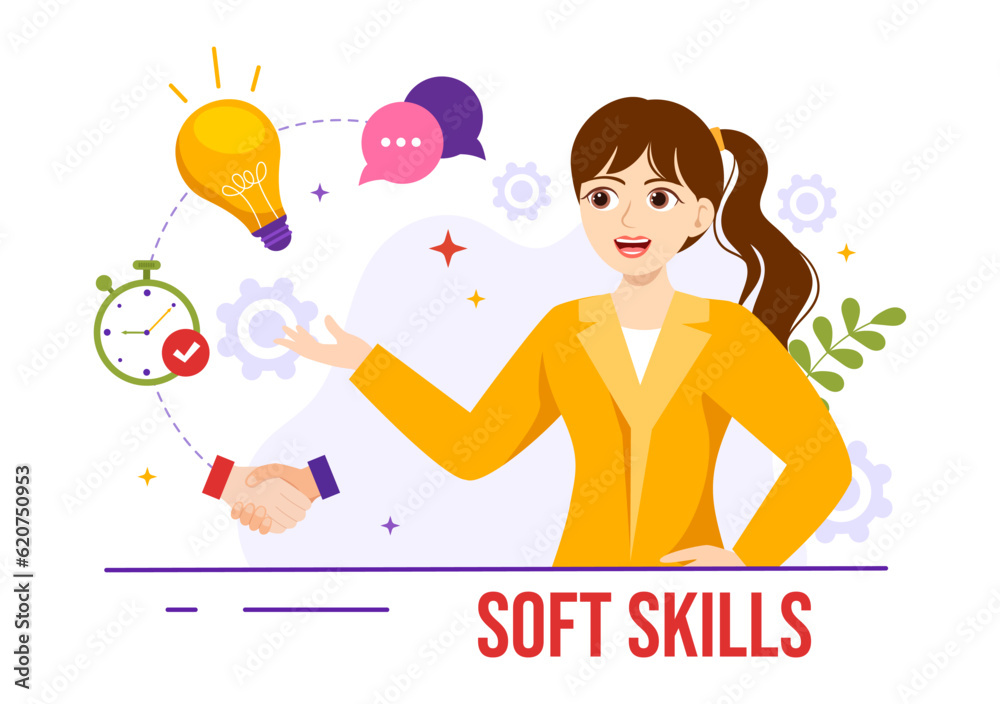 Soft Skills Vector Illustration of Office Workers Empathy, Communication, Idea Development, Skill and Education at Work in Flat Background Template Soft Skills Vector Illustration of Office Workers Empathy, Communication, Idea Development, Skill and Education at Work in Flat Background Template