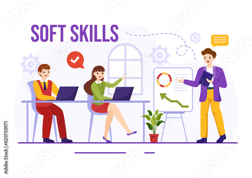 Soft Skills Vector Illustration of Office Workers Empathy, Communication, Idea Development, Skill and Education at Work in Flat Background Template