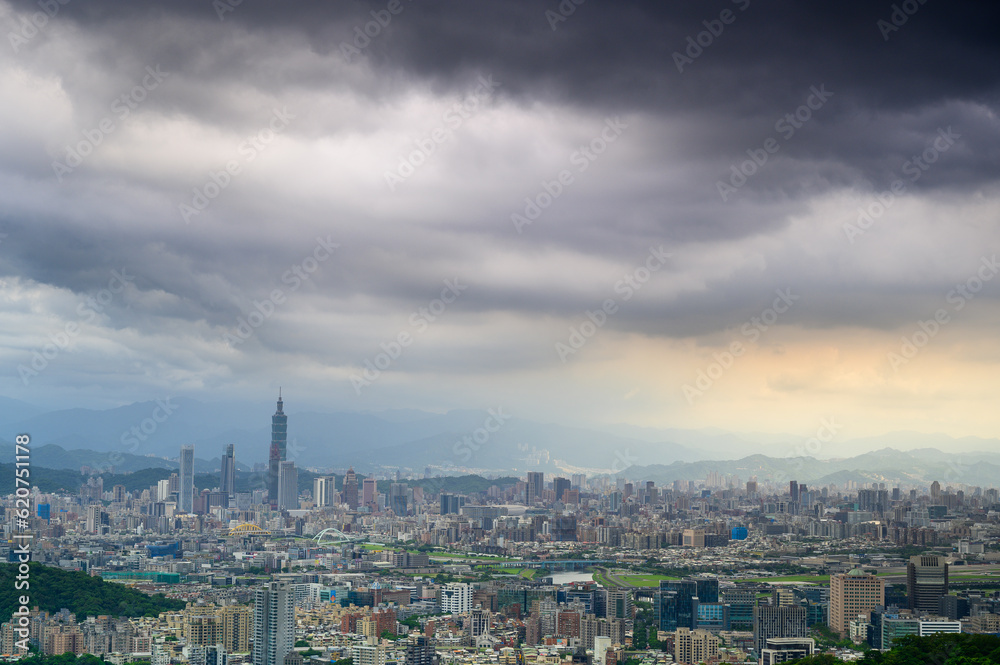 Dramatic Cloudscape in the City Sky on a Cloudy Day. Overlooking the urban landscape from Neihu Bishanyan. Taipei, Taiwan