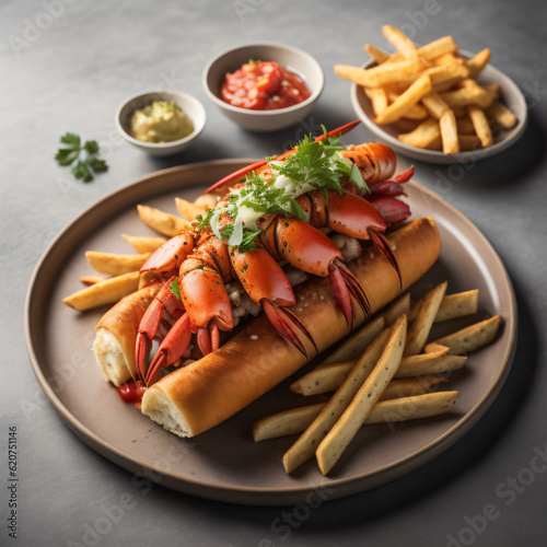 A delectable lobster roll featuring chunks of succulent lobster meat nestled in a buttery toasted brioche bun, served with a side of crispy fries