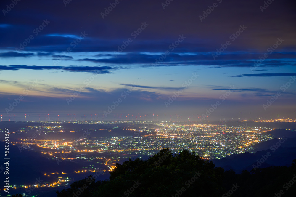 Overlooking the night view of Dahu Township and Zhuolan Town. Ginger Garden Agritourism Area, Miaoli County.