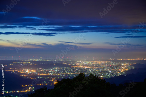 Overlooking the night view of Dahu Township and Zhuolan Town. Ginger Garden Agritourism Area, Miaoli County.