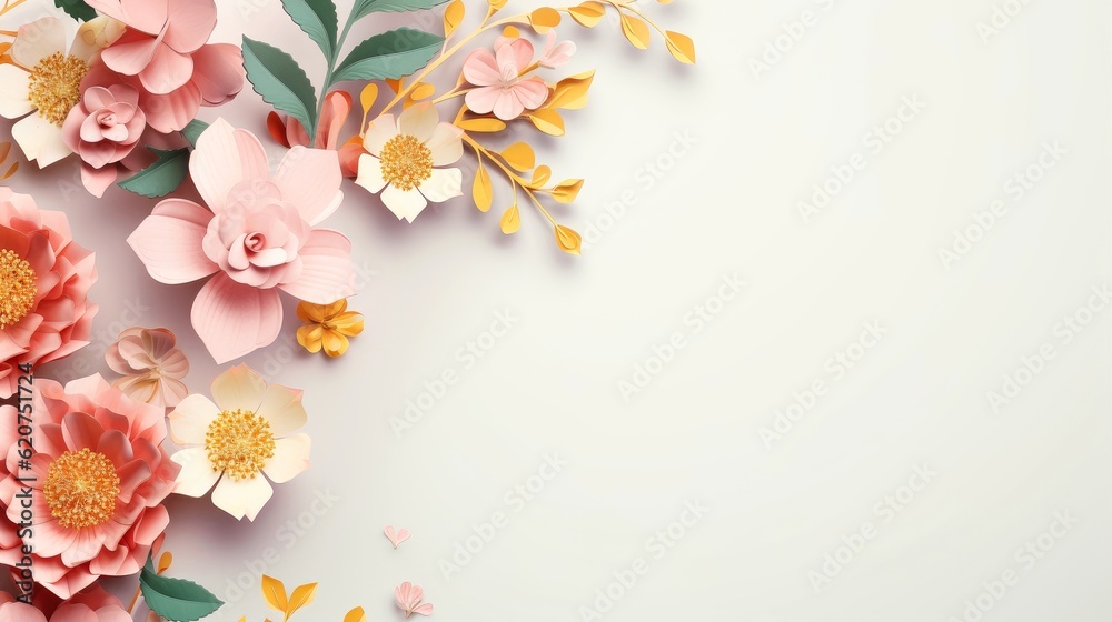 Floral border frame card template. multicolor flowers, leaves, for banner, wedding card. Springtime composition with copy-space, Generative AI illustration