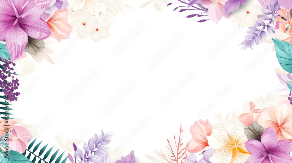 Floral border frame card template. multicolor flowers, leaves, for banner, wedding card. Springtime composition with copy-space, Generative AI illustration