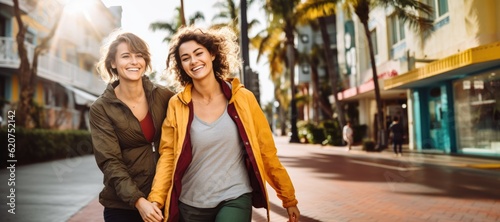 smiling happy young lesbian couple walking in Miami Beach 