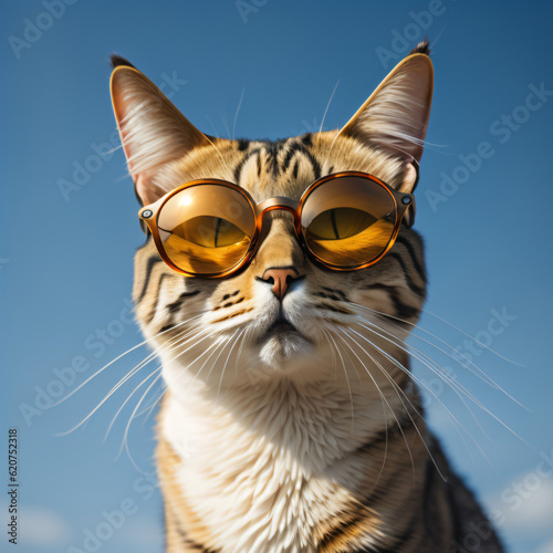 Cool cat wearing sunglasses against a blue sky in summer. © Beste stock
