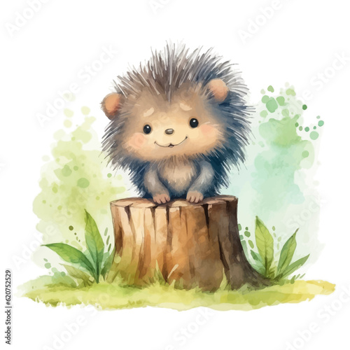 Cute baby hedgehog cartoon on tree stump with watercolor painting style