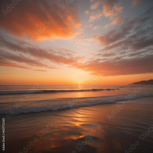 Serene ocean sunset with a palette of warm oranges, pinks, and golden hues