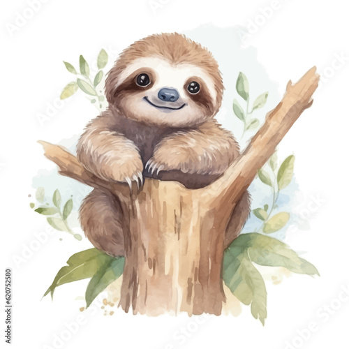 Cute baby sloth cartoon in watercolor painting style