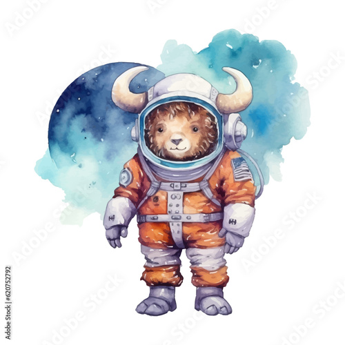 Cute astronaut bison cartoon in watercolor painting style