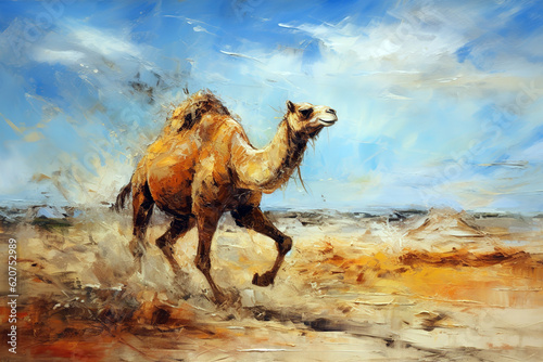 Beautiful painting of camel in the middle of the desert. Wildlife Animals. Illustration, Generative AI.
