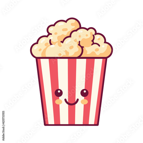 Funny cute popcorn with eyes. bucket full of popcorn for cinema snack food concept in vector icon
