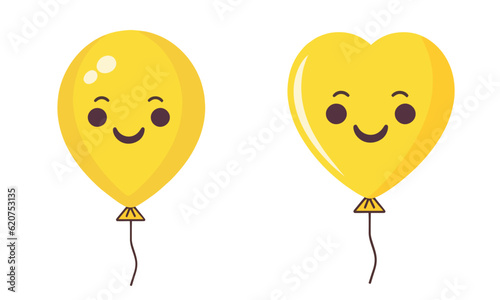 Rounded shape balloon and heart shaped balloon with string in cartoon flat style isolated on white background. balloons with eyes vector icon