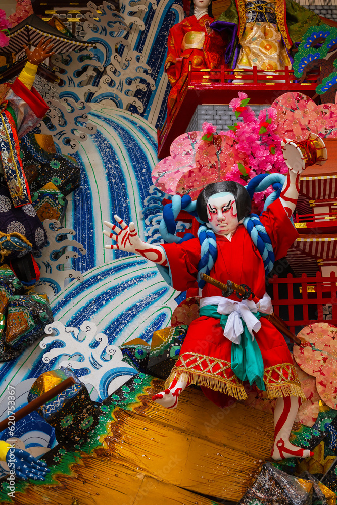 Fototapeta premium Fukuoka, Japan - Nov 20 2022: Kazari Yamakasa or large stationary festival floats at Kushida shrine, used during the Hakata Gion Yamakasa festival, a famous summer event in Hakata