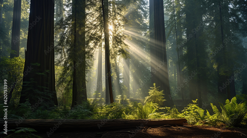 Sunrays Piercing Through a Canopy of Tall Redwoods. Generative Ai