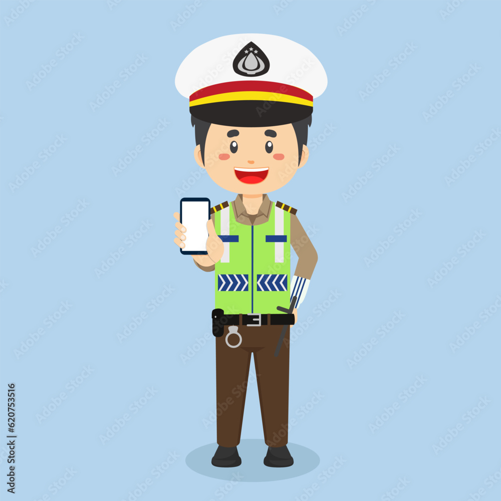 Indonesian Traffic Police Character Hold The Phone