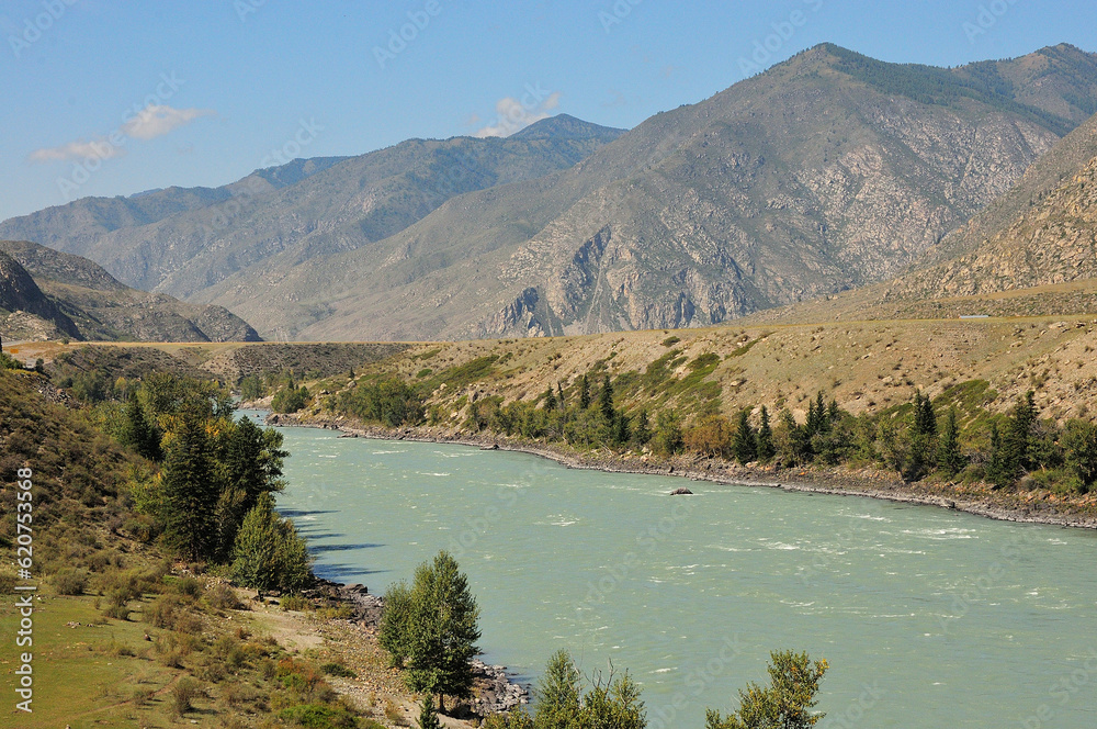 A view from the high bank of a turquoise river flowing through a picturesque valley bathed in warm summer sun.