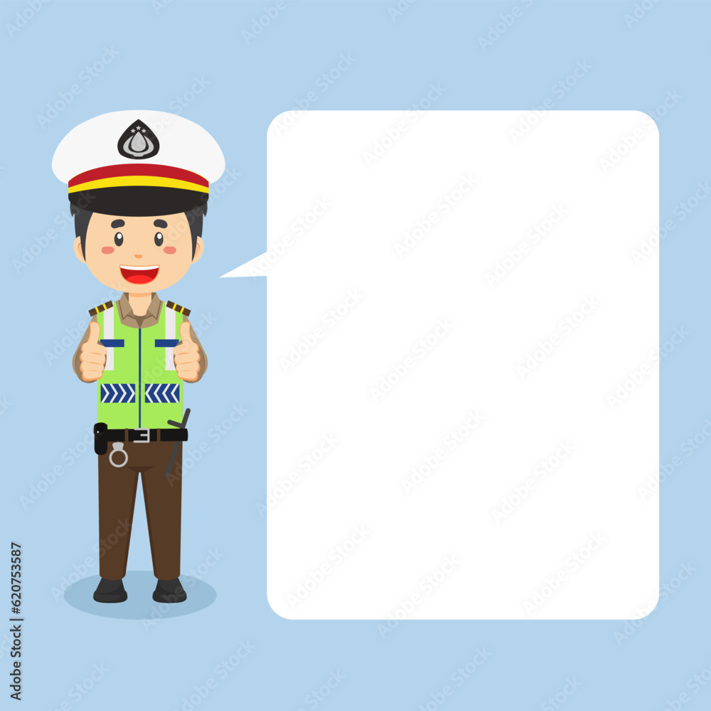 Indonesian Traffic Police Character Making Thumb Up with Speech Bubbles
