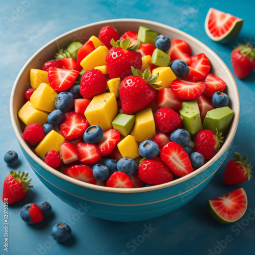 A vibrant bowl of refreshing fruit salad  featuring a colorful medley of freshly cut fruits such as strawberries  watermelon  pineapple  and kiwi