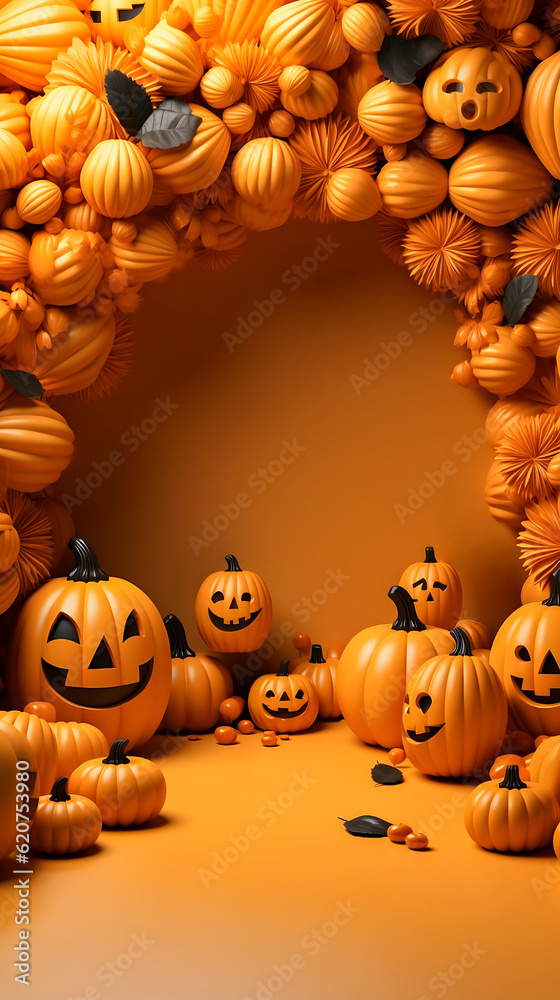 A bunch of jack o lanterns piled up with orange background. Halloween background. Instagram halloween themed poster with copy space.