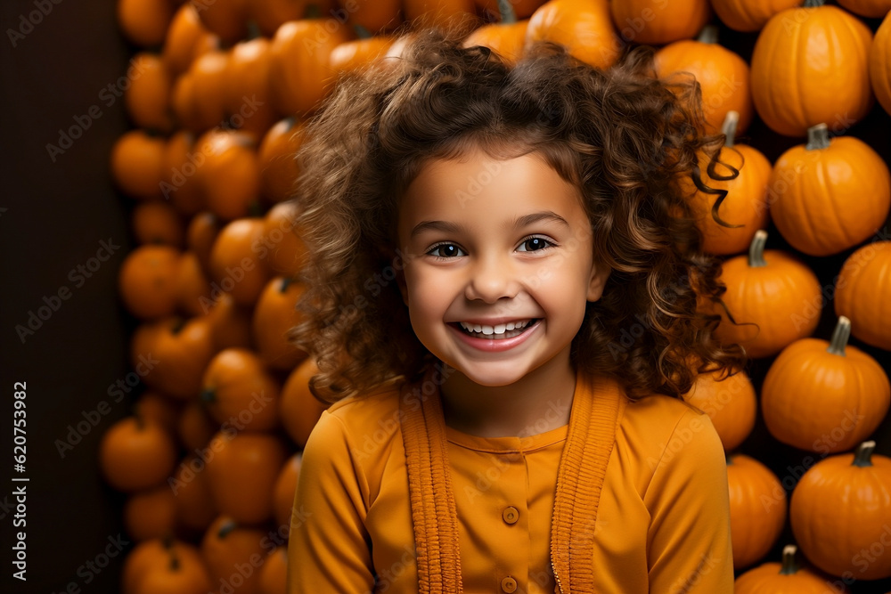 Portrait of a little girl dressed in orange for Halloween, with pumpkins in the background. Generative AI.