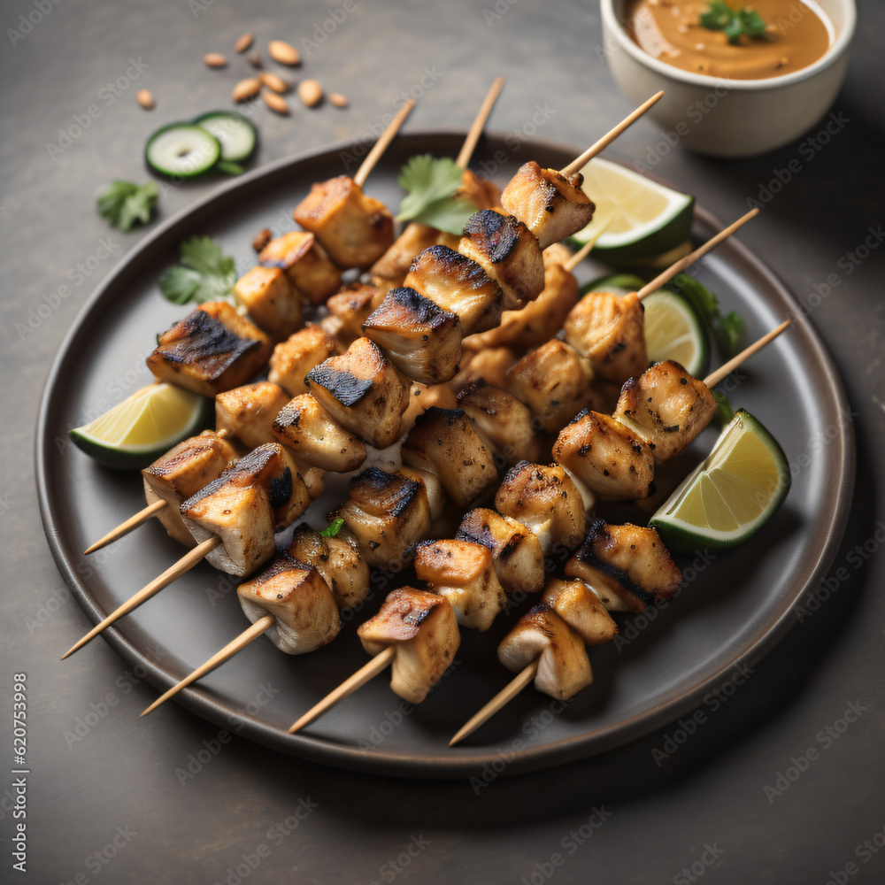 A plate of delectable chicken satay skewers, featuring tender grilled chicken pieces, served with a side of rich peanut sauce and fresh cucumber slices