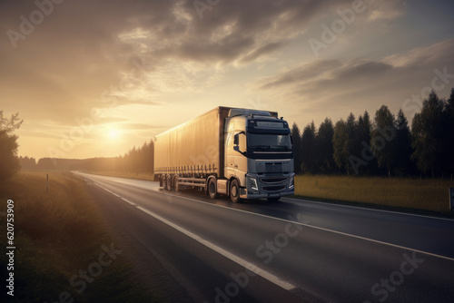 A semi truck cruising down the highway at sunset, carrying cargo to its destination transportation made easy. AI Generative.