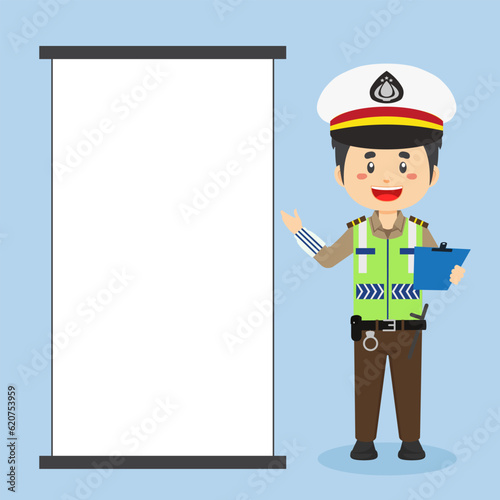 Indonesian Traffic Police Character with Blank Board photo